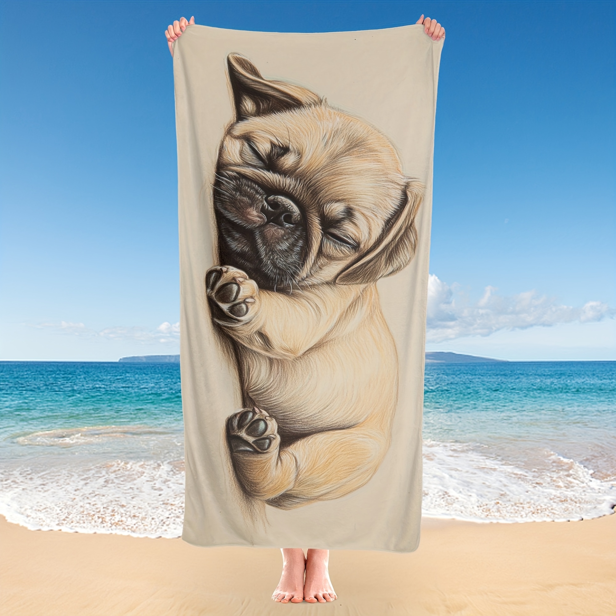Microfiber Beach Towel With Sleeping Pug Puppy Design Lightweight_voghion.com