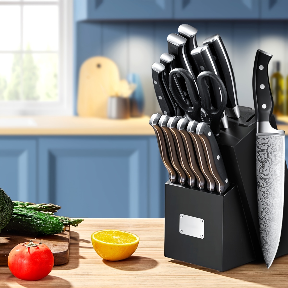 

14 Pieces Kitchen Knife Set With Built-in Sharpener, Stainless Steel Kitchen Knives With Unique Pattern, Non-slip Handle, Black