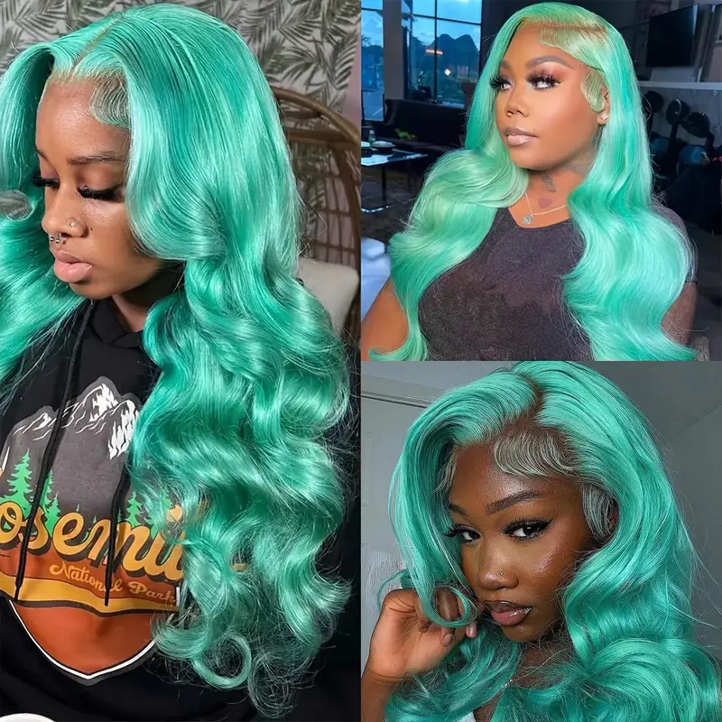 light blue green long body wave lace front wig 13x4 glueless heat resistant synthetic hair for for halloween parties details 2