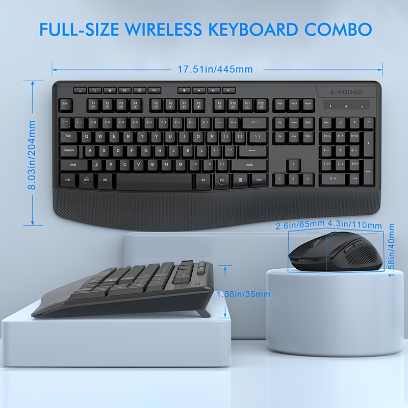 E-YOOSO 2.4Ghz Wireless Keyboard And Mouse Set, Low Voltage Prompt, Composite Multimedia Functions, Self-Sleep Function, Ergonomic Keyboard And Mouse Set with Support Wrist Rest, Convenient And Comfortable Keyboard And Mouse Operation