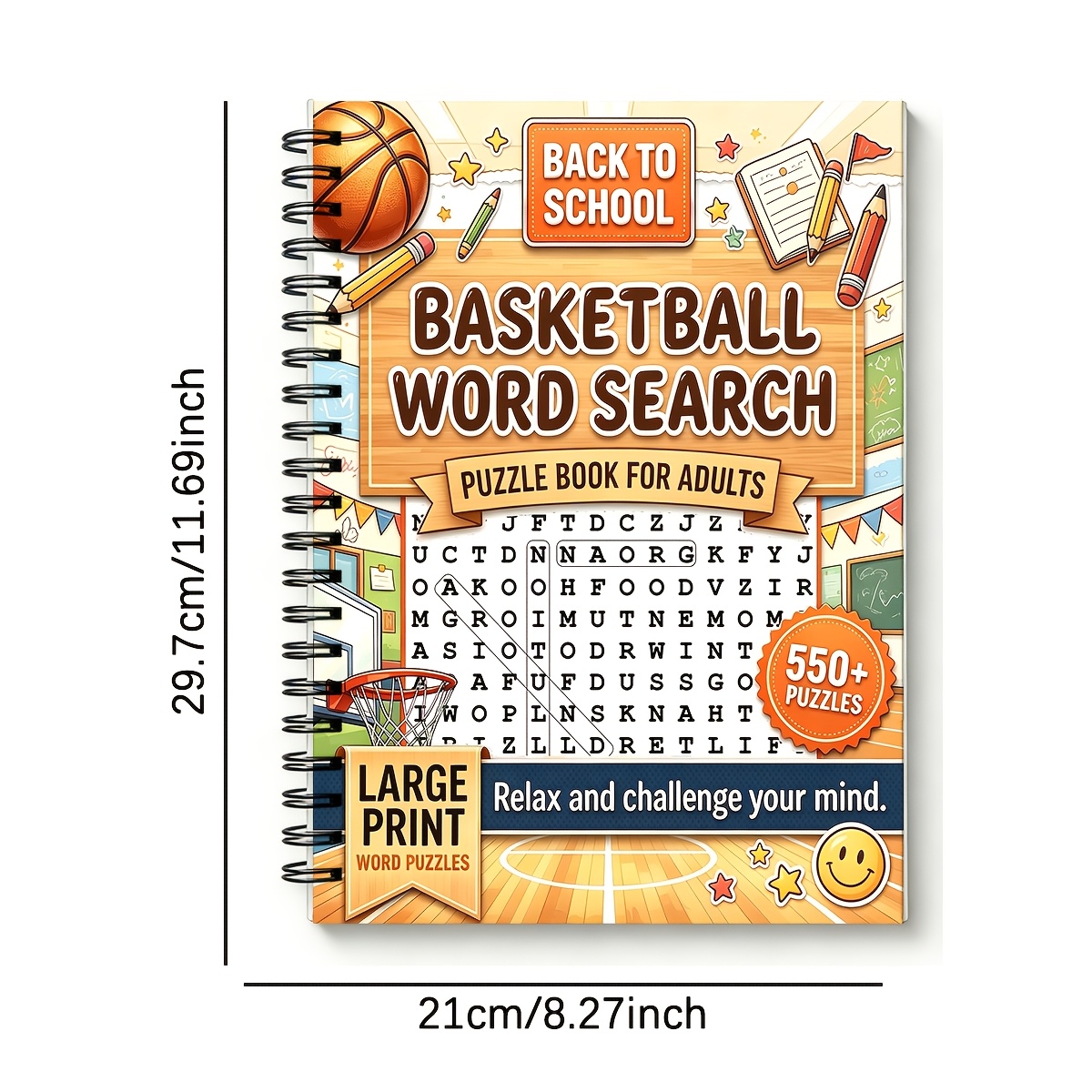 TEMU Spiral Bound Basketball Theme Book | 550+ Puzzles Large Print Word Find Activity Workbook, Back To School Brain Game Book Ideal For High School