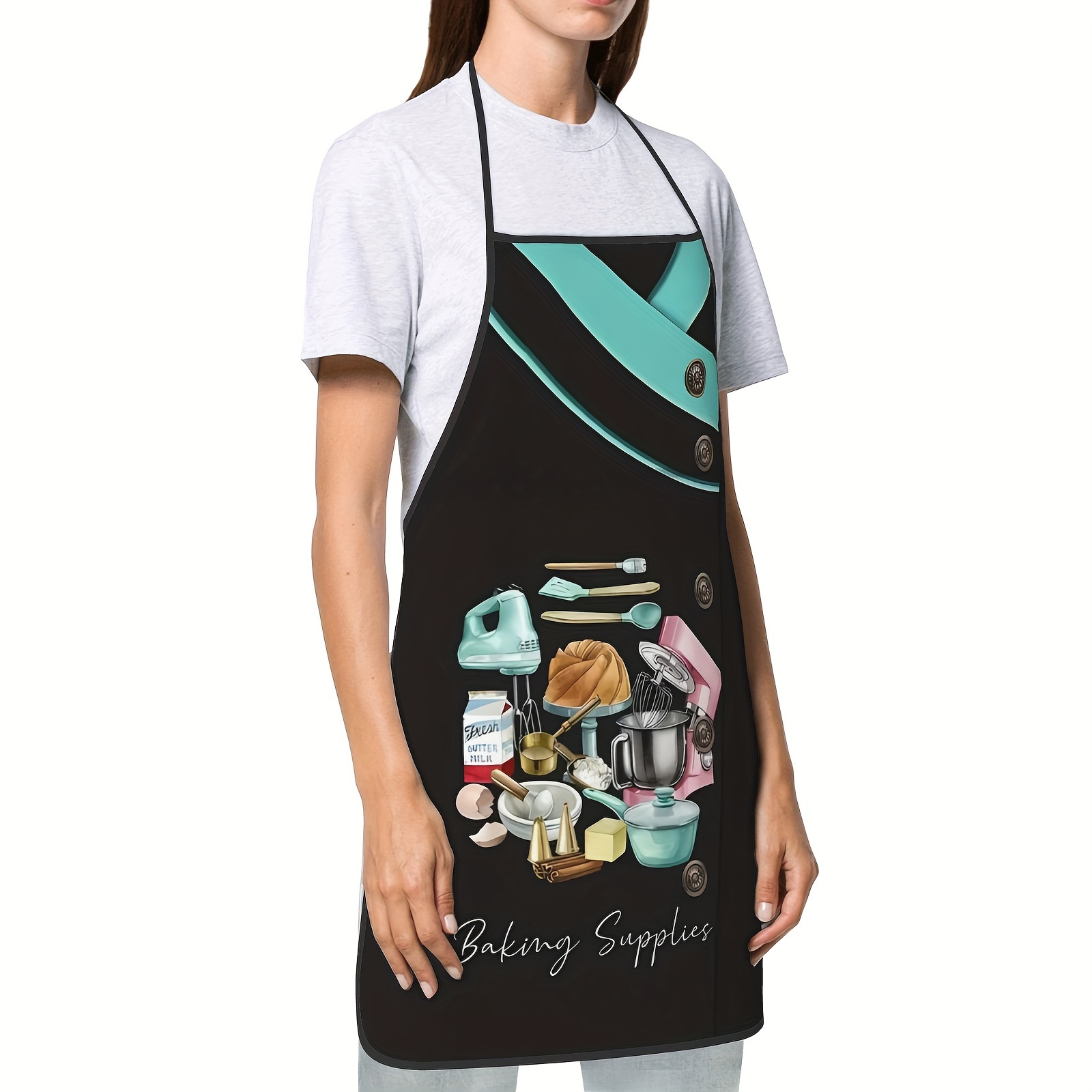 

1 Pc Polyester Chef Apron With Baking Supplies Design - Adjustable Neck Strap, Woven Kitchen Apron For Cooking, Grilling, And Halloween