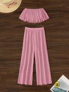 2 piezas conjunto top cortos volantes, de bambú y pantalones casuales para mujer, estilo , ropa