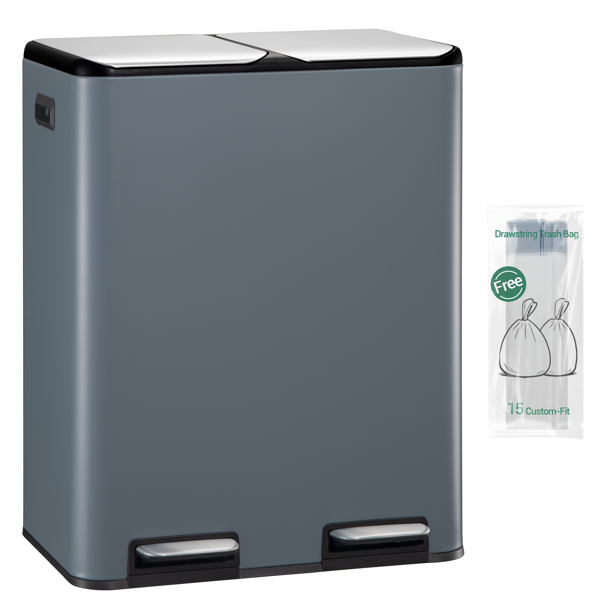 Rubbish Bin, Kitchen Pedal Bin, 60l ( 2 X 30 L ), Stainless Steel Waste Sorting System, Silent Slow Lid Closure, With 15 Bags, Silver