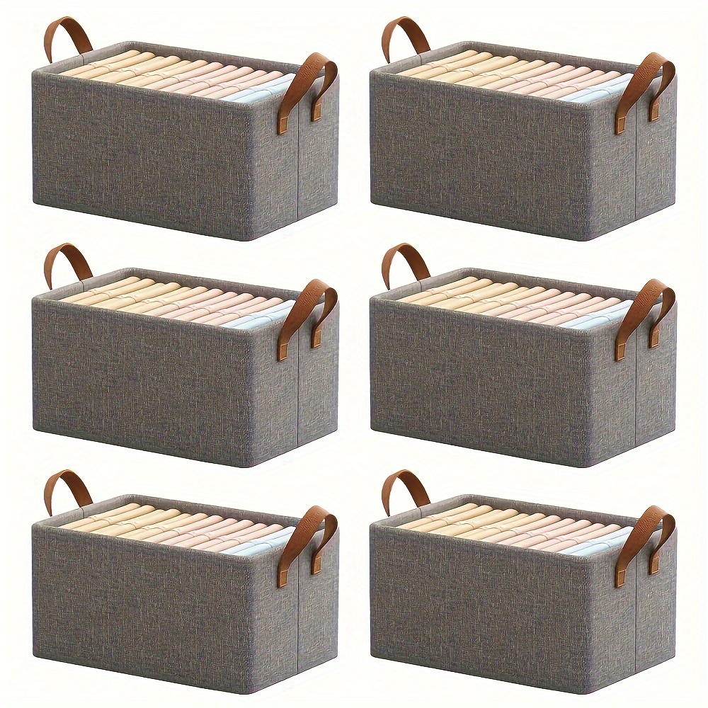 

6pcs Gray Fabric Storage Boxes With Handles, Reinforced Base Plate & For Clothes, Jeans, Sweaters, Blankets, And Toys, Foldable Organizer With Wooden Handles, Clothes Organizer Storage, Shelf Baskets