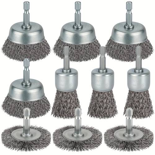 10pcs Drill Wire Brush Set, Steel Fleece Crimping Wheel Bits, 1/4 Inch ( . 0.6cm) Hex Handle for Rust Removal and Abrasive Cleaning