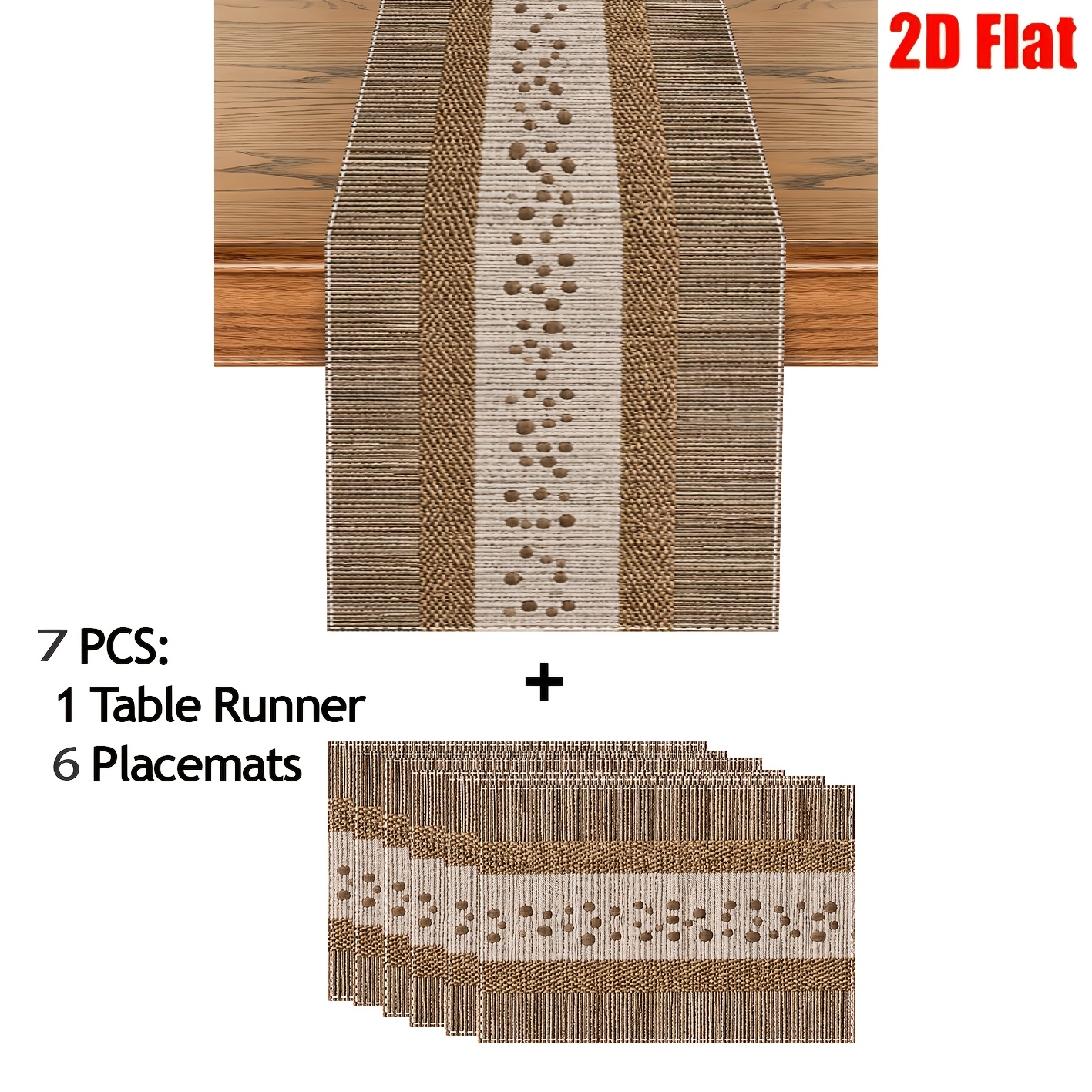 TEMU 5/7pcs, Farmhouse Style Striped Table Runner And Placemat Set, Featuring A Print In Beige And Brown With Polka Dots. Vintage-style Decorative