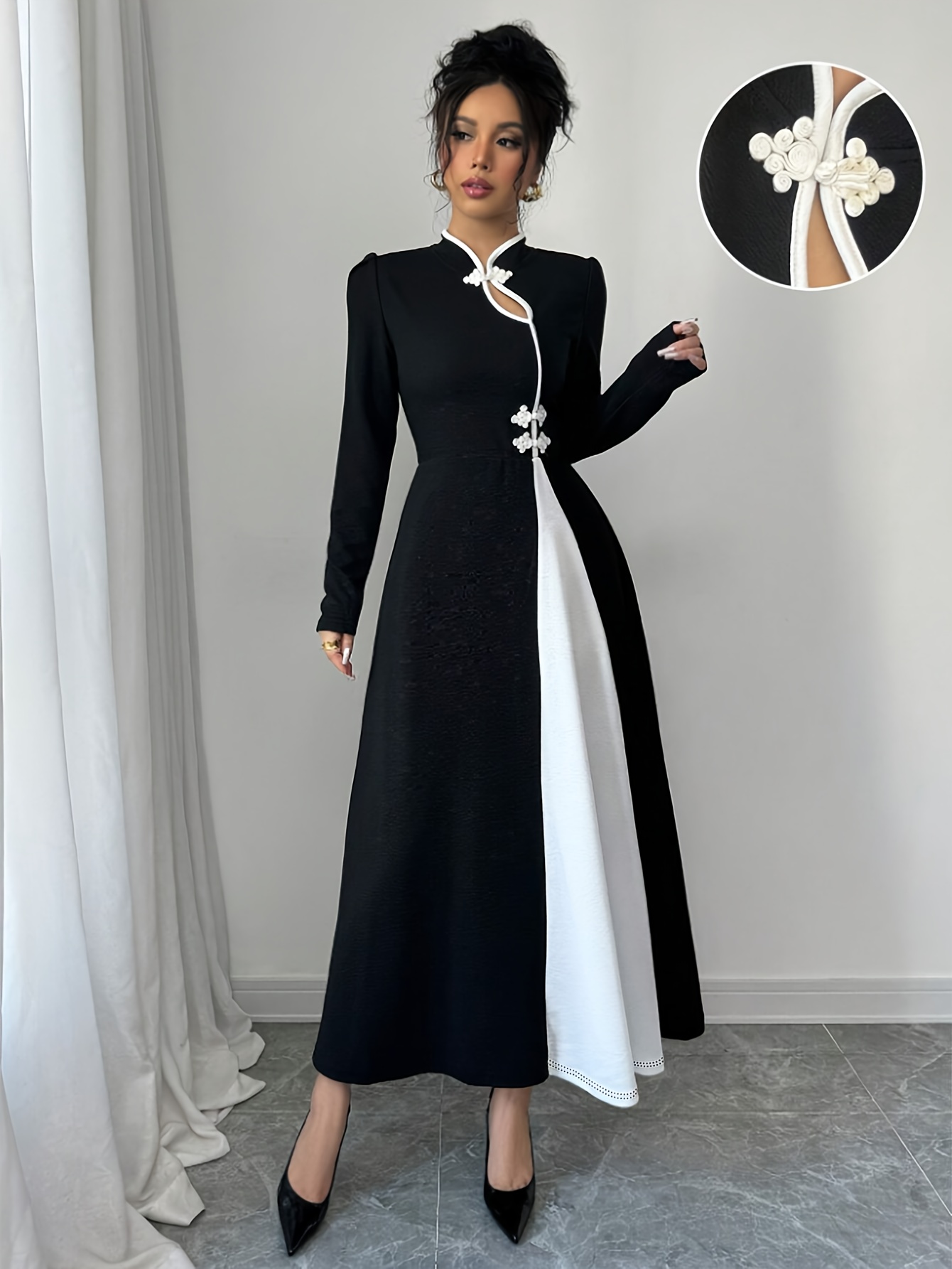 green emerald velvet dress Black & White Spliced Evening Dress