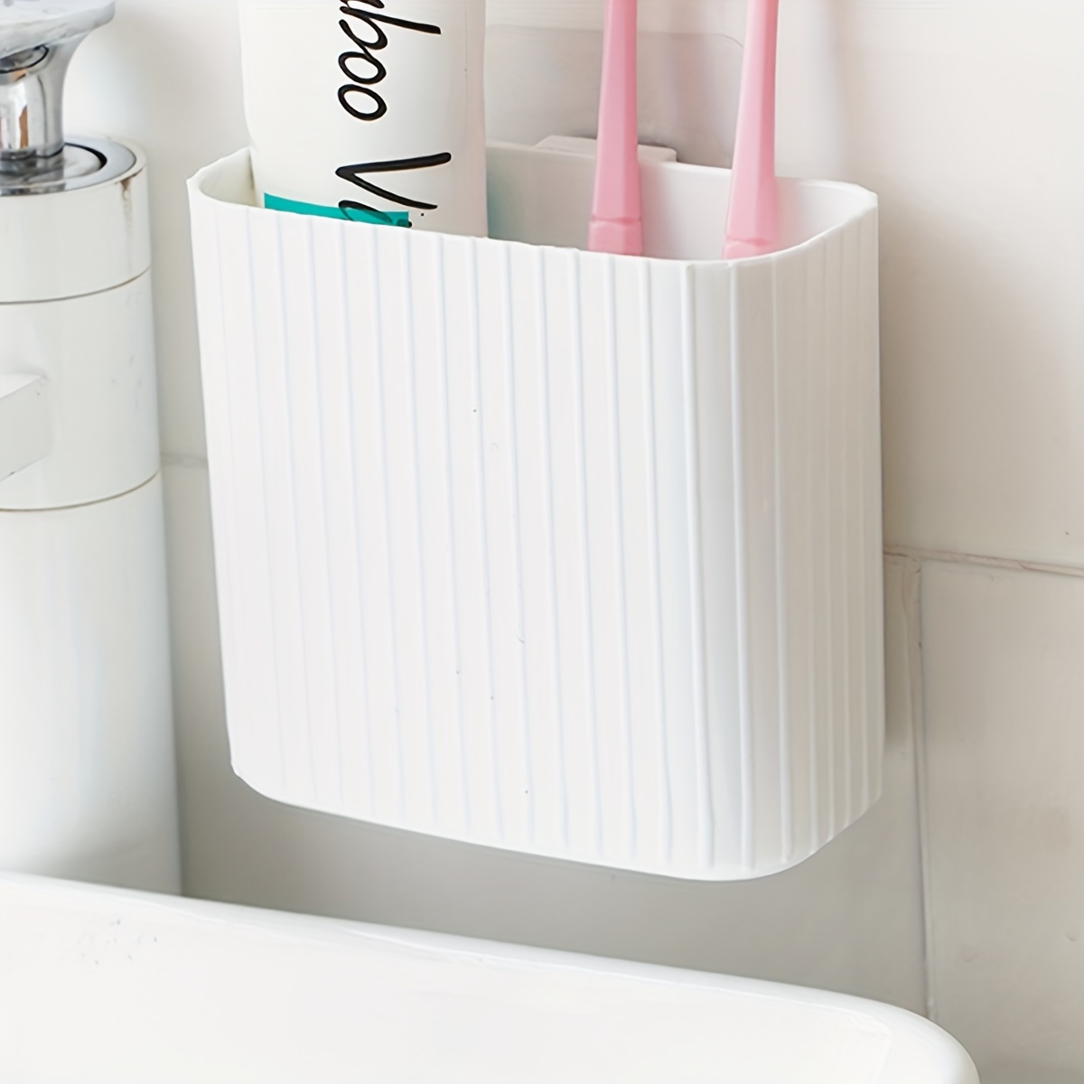 

1pc Wall Mounted Toothbrush Storage Box, Plastic Hanging Toiletry Storage Holder, Punch Free Sundries Storage Rack, Household Storage And Organization For Kitchen, Bedroom, Bathroom, Office, Desk
