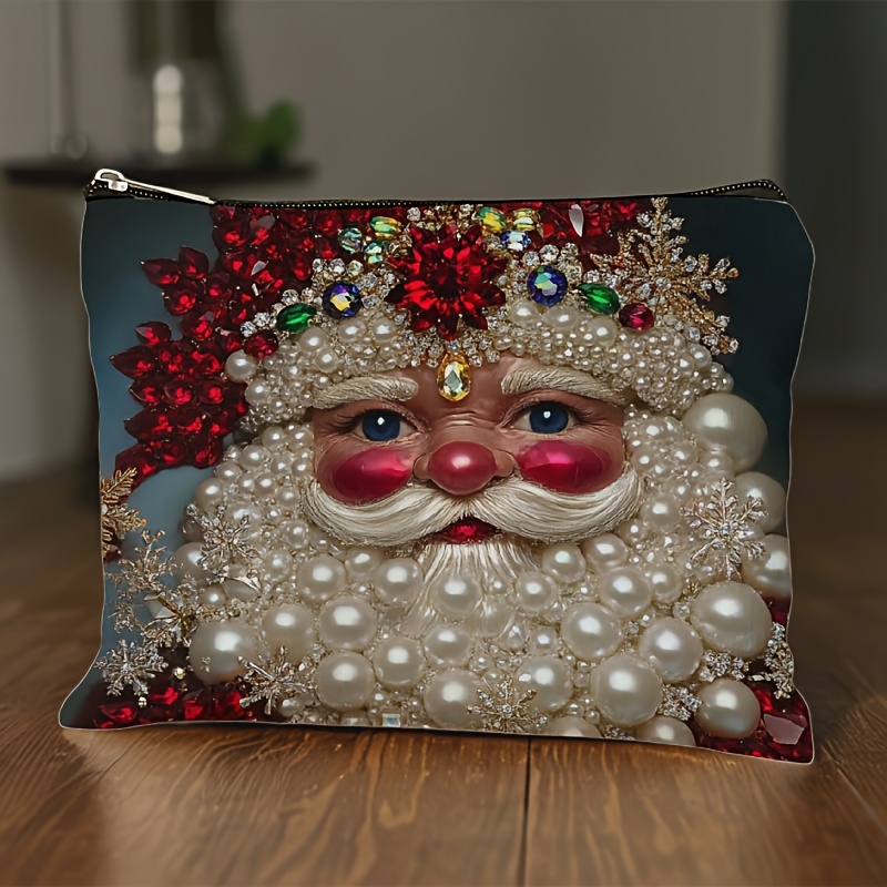 TEMU 1pc Santa Claus Pearl Decoration Makeup Bag, Toiletry Bag, Storage Bag, Travel Bag, Exquisite Printed Pattern, Adult Holiday Gift, Makeup