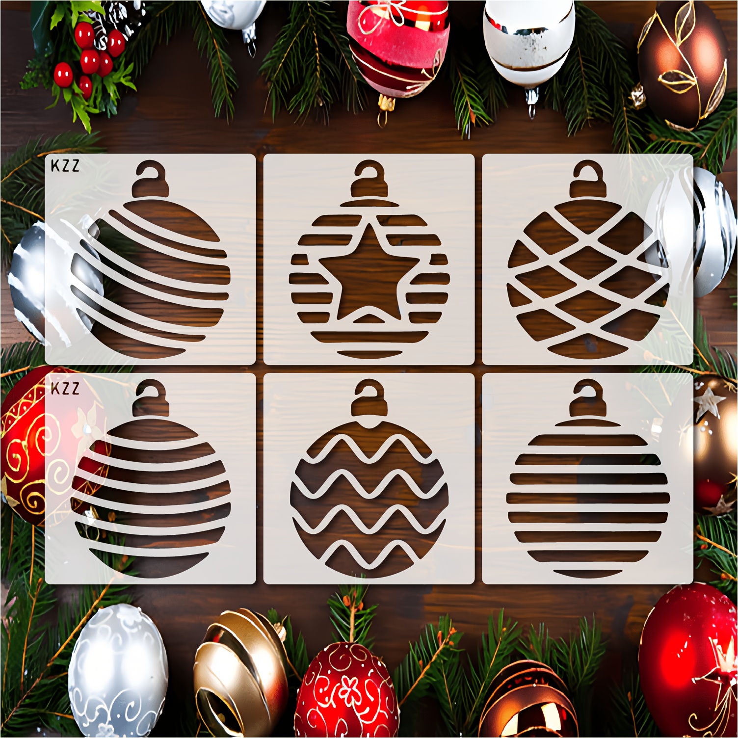 TEMU 6pcs Kzz Reusable Christmas Bauble Stencil Set, Reusable Xmas Ornament Ball Pattern Painting Templates, Pet Hollow Stencils For Signs, Holiday