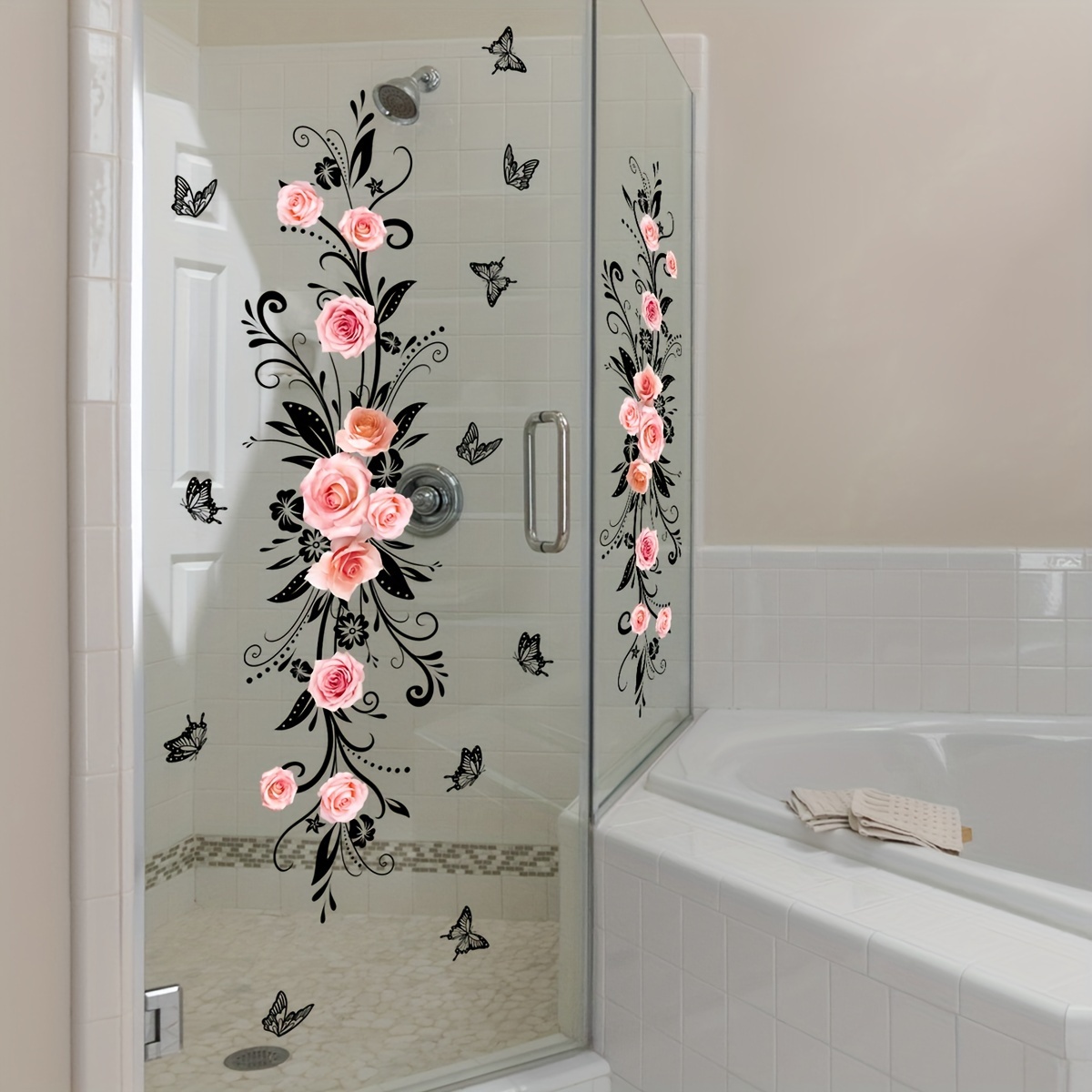 

Charming Pink Rose & Black Butterfly Wall Decal - Double-sided, No-power Needed Pvc Sticker For Living Room, Bathroom, Bedroom Glass Windows