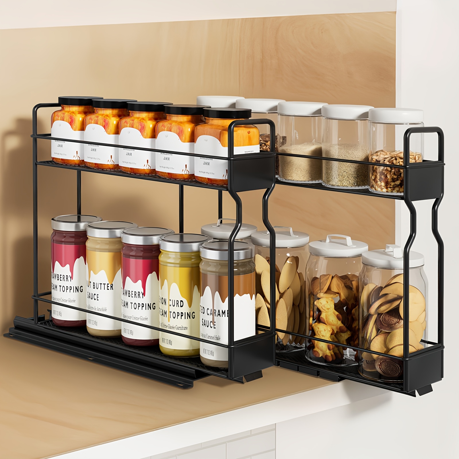 Dual-slide Kitchen Spice Rack For Inside Cabinets & Pantry Closet, Pull-out Spice Bottle Organizer, Cabinet Double-layer Storage Shelf