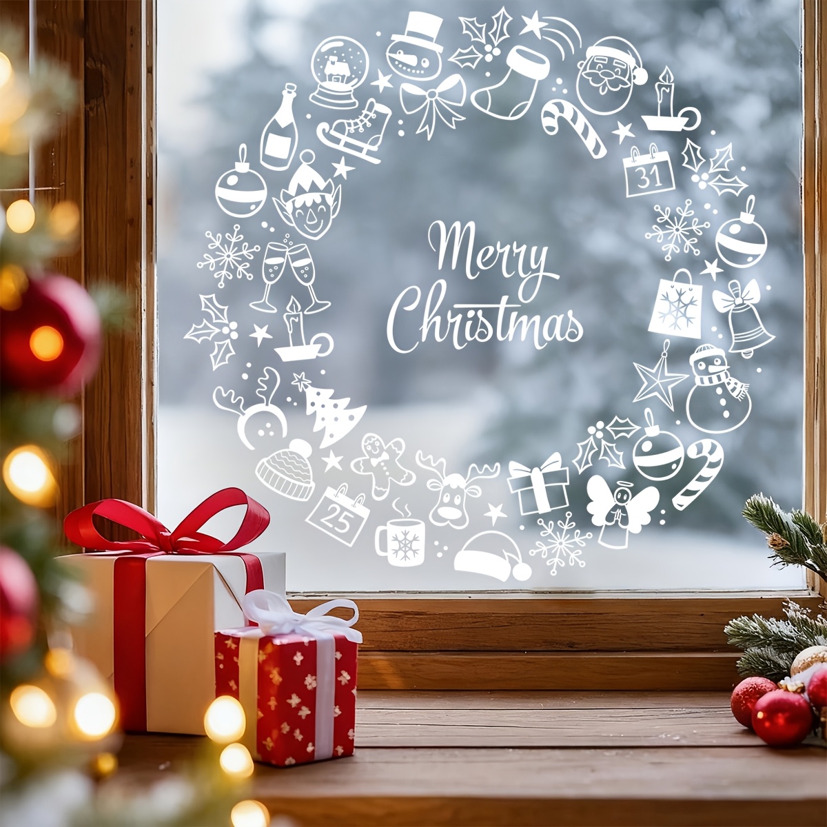 immagine dell'articolo 1 pz Decorazione Natalizia Statica per Finestre con Corona di Linee Bianche, Elementi Natalizi Misti, Inclusi Babbo Natale, Babbo Gelato, Renne, Calze di Natale, Bastoncini di Zucchero, Decorazione Regalo, Alloro, Nastro a Fiocco di Neve e Scritte Buon Natale