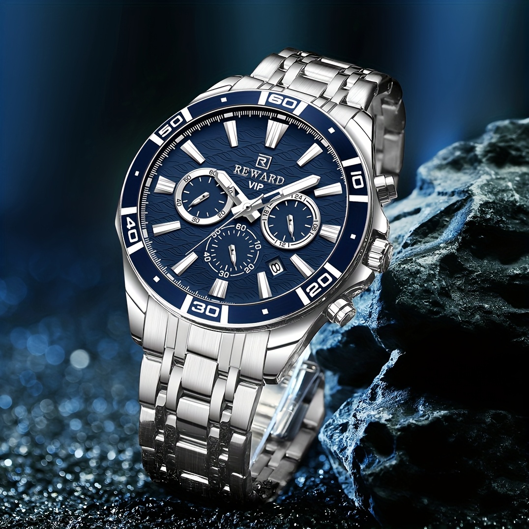 reward vip mens quartz wristwatch   with sequins round   alloy case stainless steel strap chronograph date 24 hours display luminous battery powered non rechargeable   watch details 5