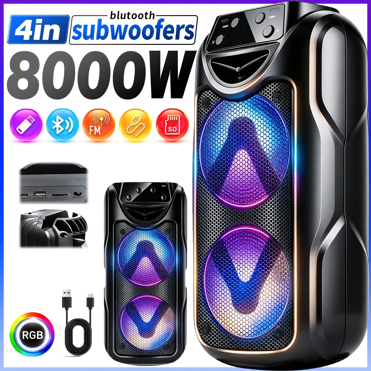 TEMU Portable Wireless Speaker, Stereo, Usb Charging, Rechargeable Lithium Battery, Led Color Lights, Fm Radio, Tf Card Slot, Suitable For Outdoor