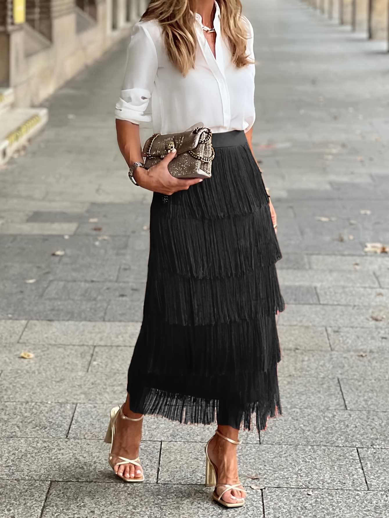 Women's Elegant Fringe Maxi Skirt Flowing Train Hem with Layered  Tulle-like Fringe, Hand Washable Formal Wedding Guest Dress,