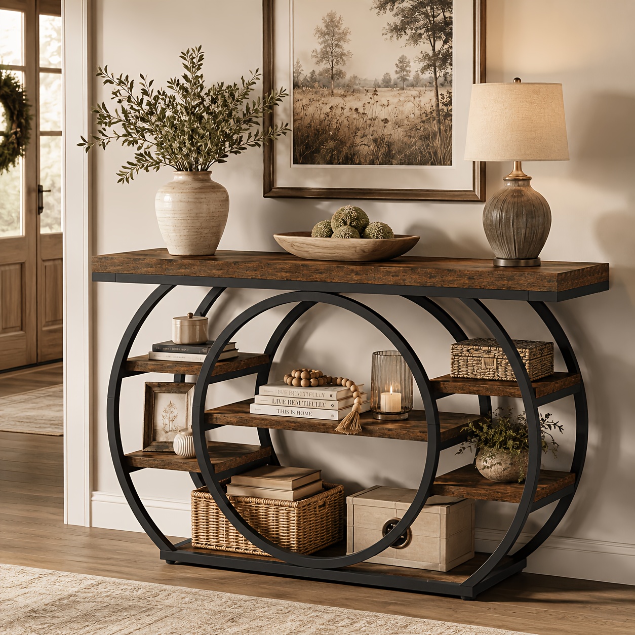 Image of Industrial Console Table With Storage Shelves, Rustic Brown Entryway Table With Geometric Metal Frame, Farmhouse Sofa Table For Living Room, Hallway, Foyer And Entrance