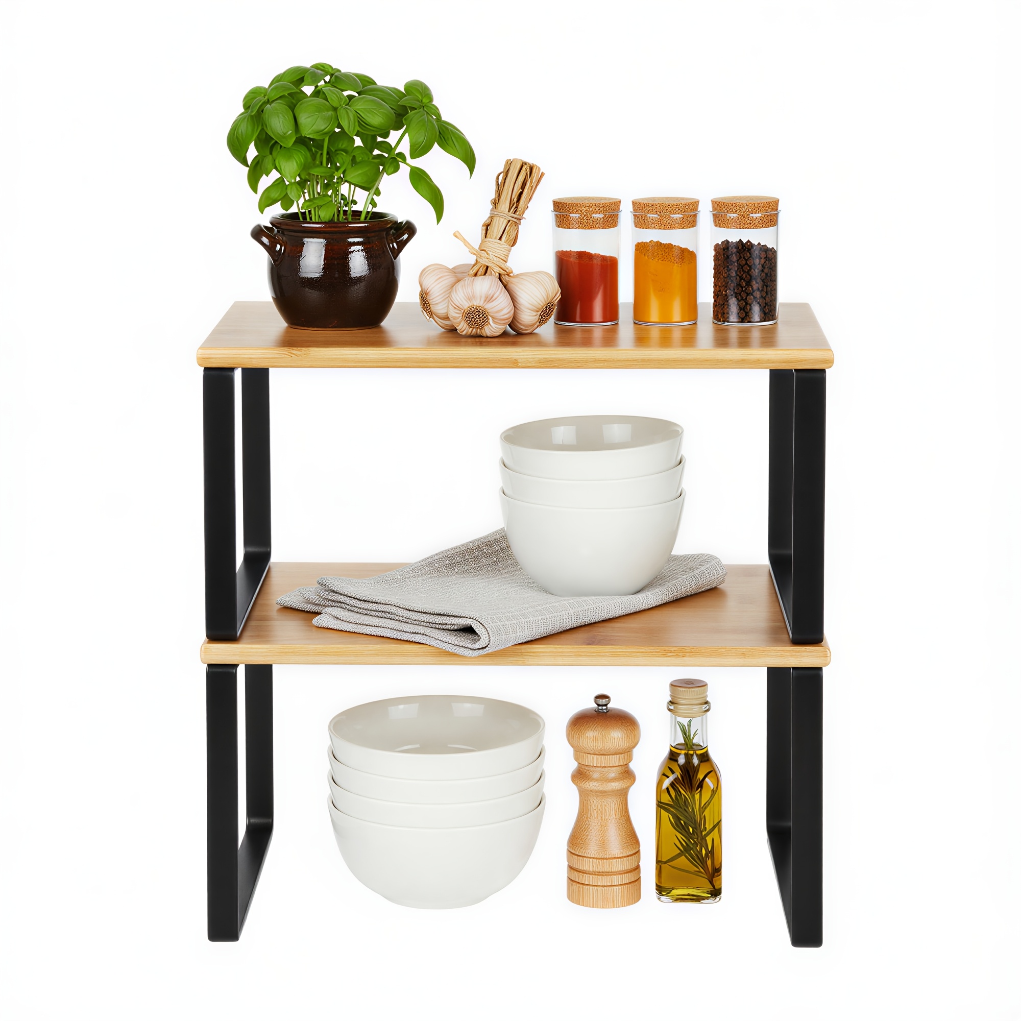 TEMU Scaffali portaoggetti da cucina, ripiani regolabili per armadietti, organizer in metallo per dispensa, legno ingegnerizzato, e beige