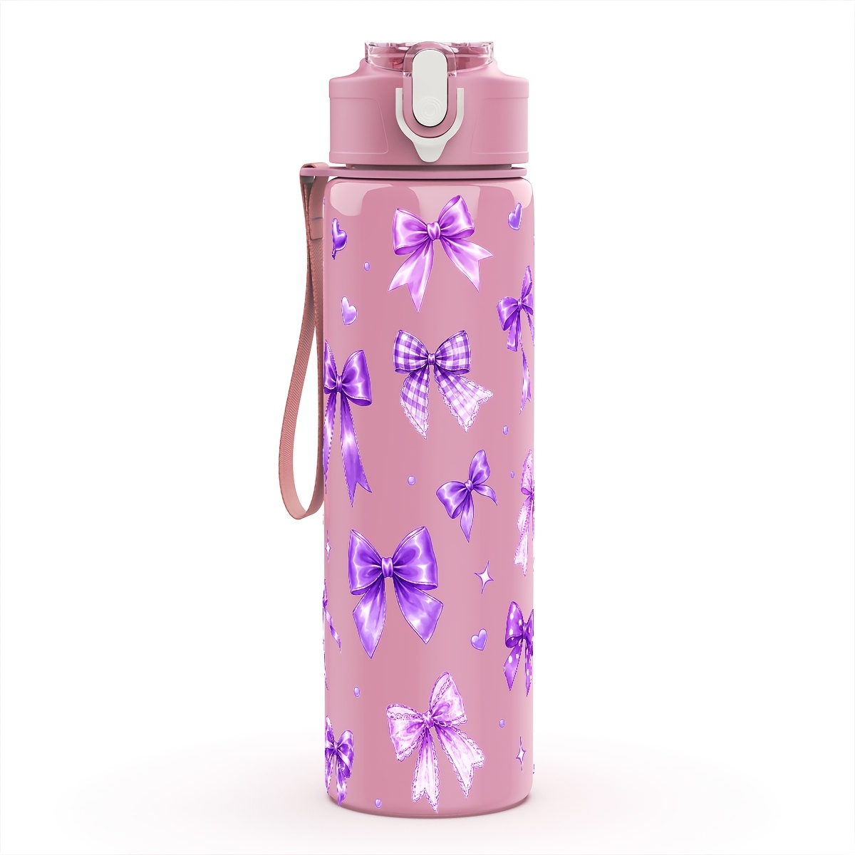 TEMU 1pc Light Purple Bow Pattern Travel Water Bottle With Straw Lid & Spill-resistant - Lightweight Plastic Hydration Cup Suitable For Workout, Gym,