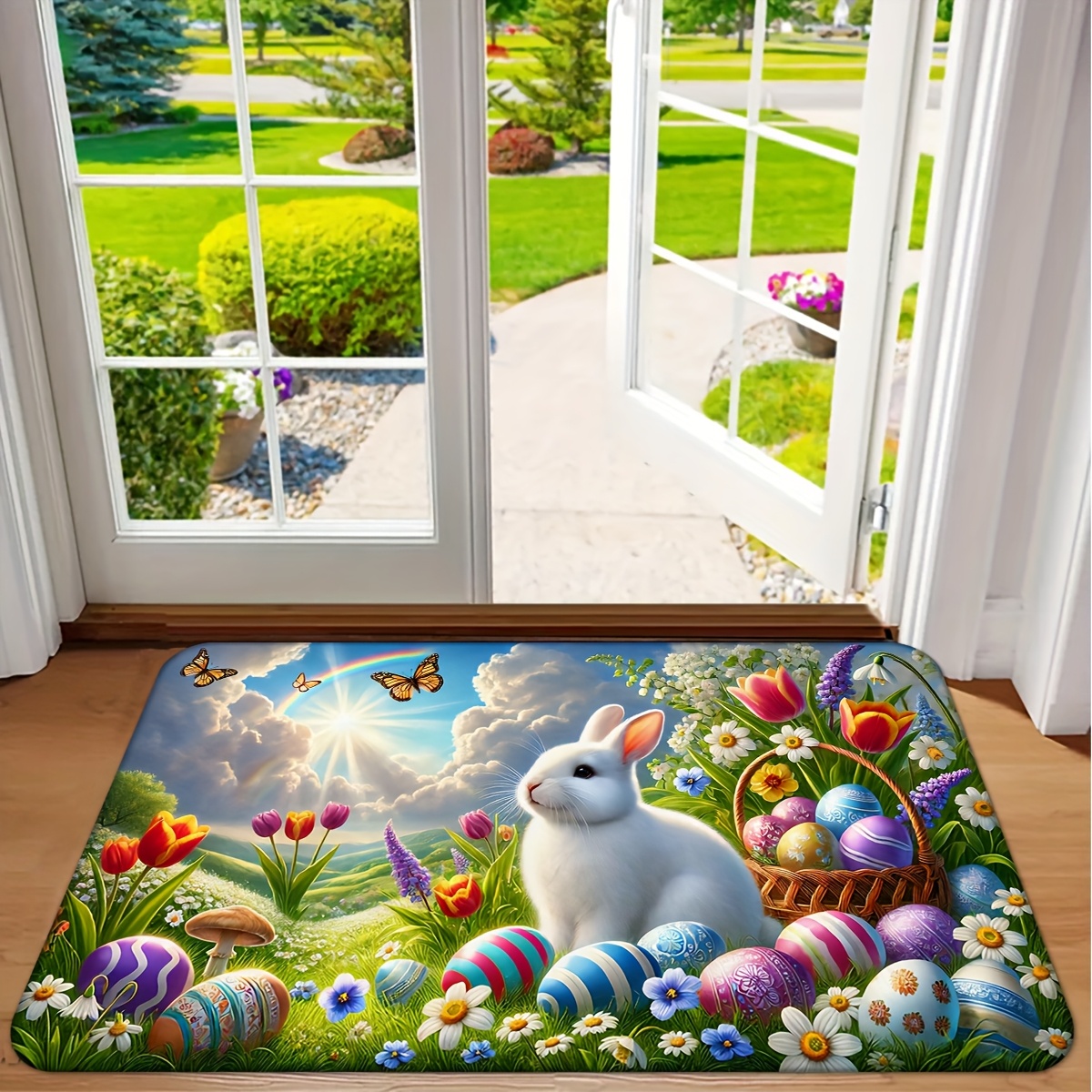 

1pc Easter Door Mat, Flannel Non-slip Machine Washable Low Pile Polyester Rug, Fade Resistant Indoor Decorative Carpet For Entryway, Living Room, Bedroom, Kitchen, Laundry - Easter Home Decor