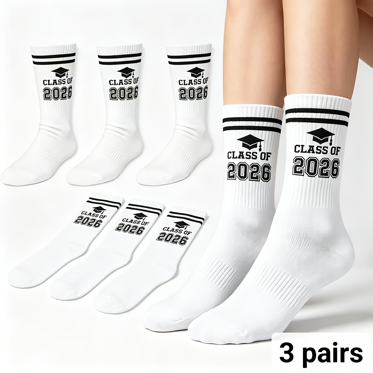TEMU 3-pair Graduation Mid-tube Socks Featuring Striped Cuffs, A Printed 2026 Graduating Class Bachelor's , And A Mid-. Unisex, A Must-have Item For