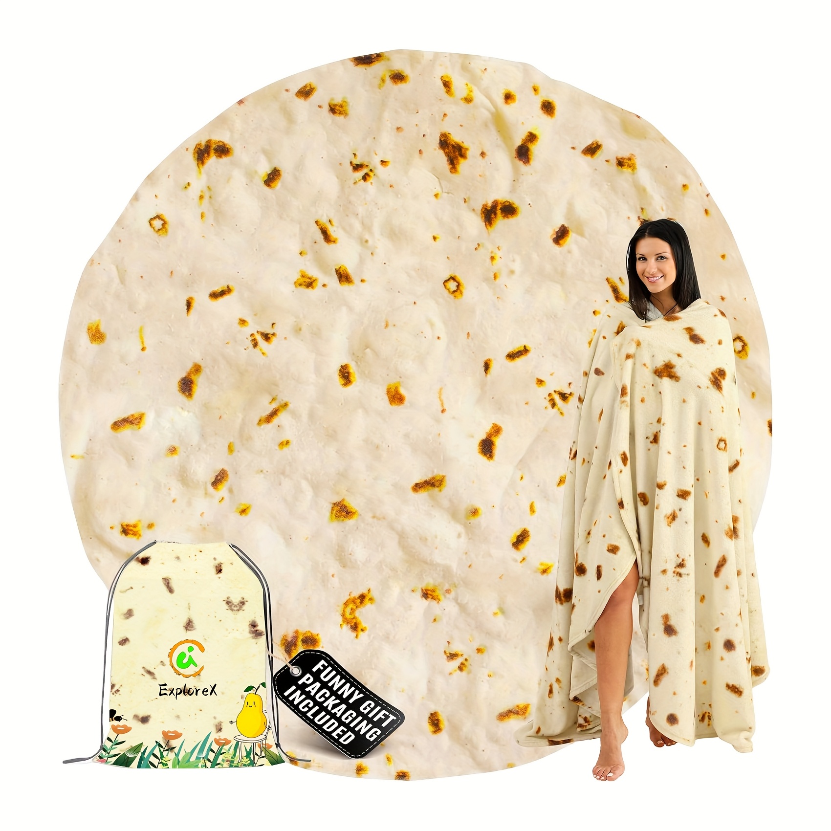 TEMU Oversized Reversible Tortilla Throw With Carry Bag - Fun Blanket For All Ages - Cozy Flannel Round Tortilla For Indoor And Outdoor Use, Travel,