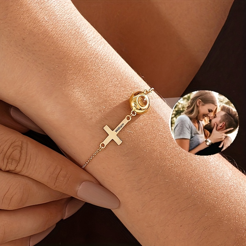 Women's Custom Photo Stainless Steel Engraved Cross Projection Bracelet