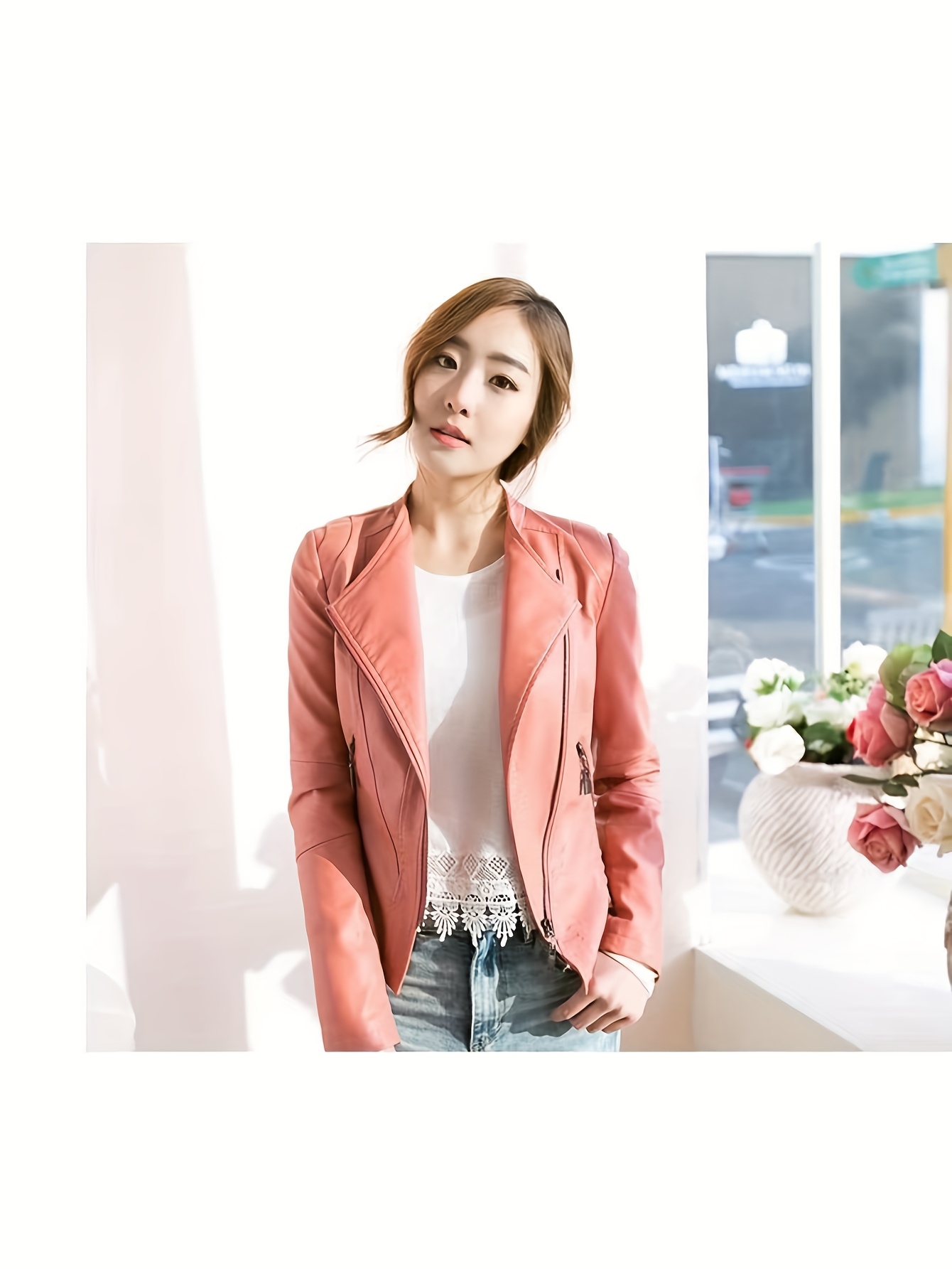Women's PU Leather Jacket Motorcycle Coat Long Sleeve Vintage Style for Autumn
