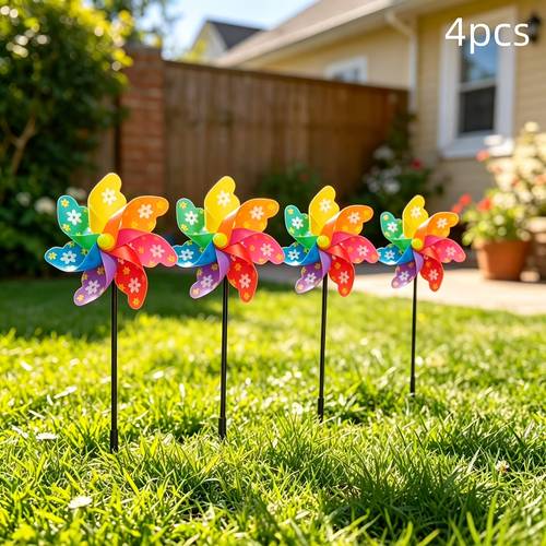4pcs colorful leaf plum pinwheels with stands suitable for gardens parties outdoors courtyards lawns home garden porch farmhouse decor weddings anniversaries and holidays
