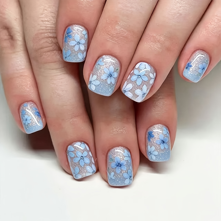 TEMU Light Blue Flower Press On Nails Short Square Glossy Fake Nails Korean Spring Nail Kit