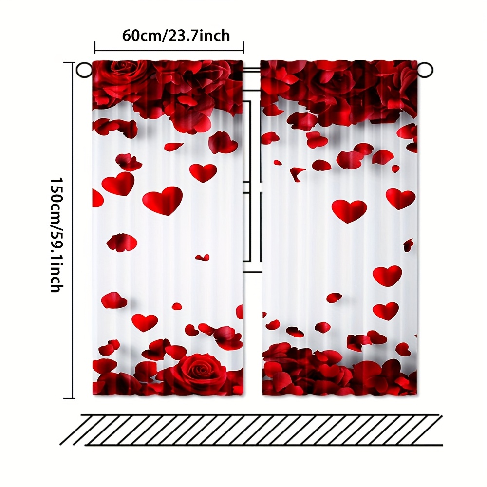 TEMU 2pcs Rose Garland Door Curtains - Red Roses & Hearts , Machine Washable Polyester, Rod Pocket For Easy Hanging, Use For Weddings, Valentine's,