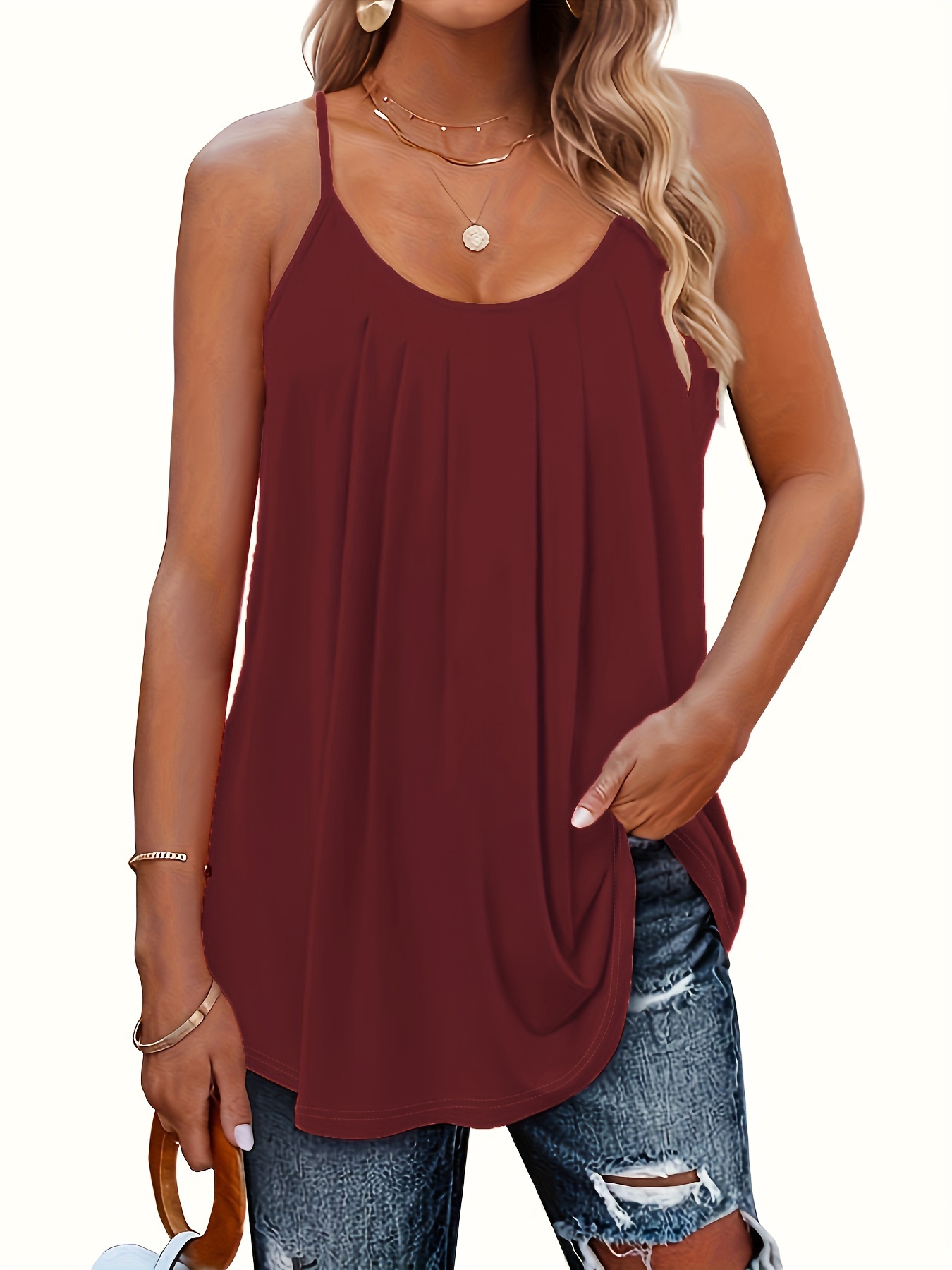 Plus Size Solid Cami Top, Crew Neck Spaghetti Strap Top For Summer, Women's Plus Size?Clothing