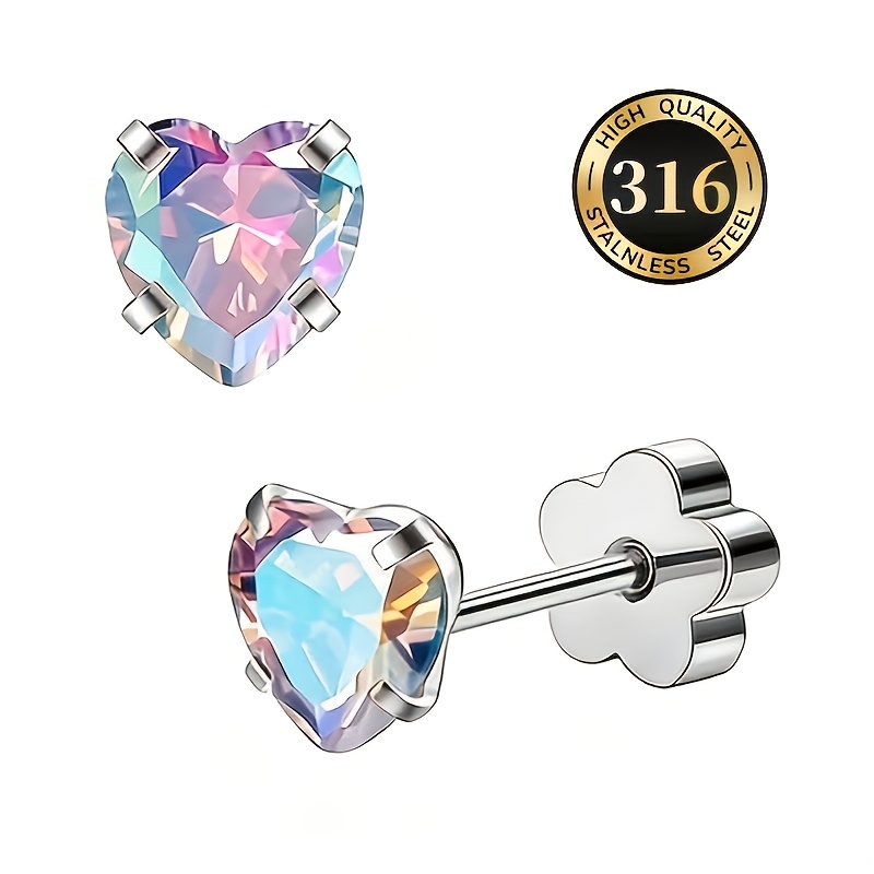 TEMU A Pair Of Low-allergy, Cute, Colorful Heart-shaped Stud Earrings Made Of 316 -grade Stainless Steel. Ultra-sparkly Earrings Feature Prong-set