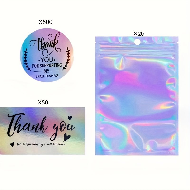 TEMU 670pcs Holographic Gratitude Set: Elegant Thank You Cards, Decorative Stickers & Resealable Bags - Ideal For Weddings, Thanksgiving, Good Luck , Suitable For Everyone