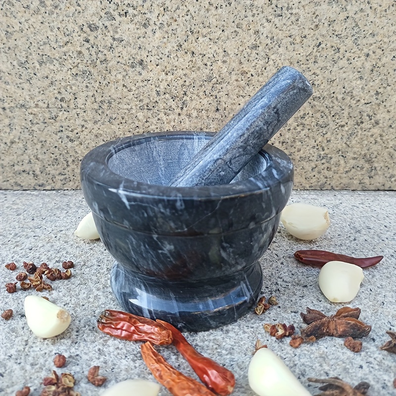 Image of A Mortar And Pestle Set, Natural Marble Mortar, Suitable For Pills, Spices, Garlic, Guacamole Jar, Traditional Manual Grinder (white, Black), Kitchen Essential