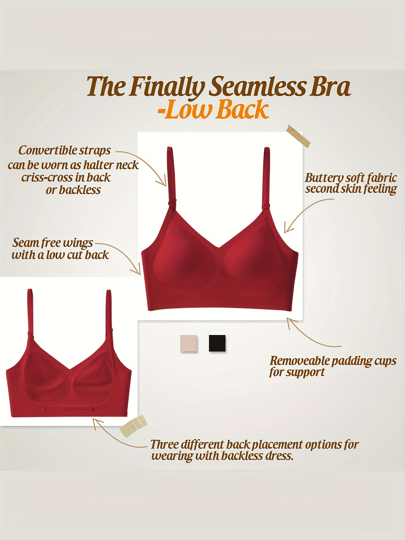 Seamless Backless T-Shirt Bra for Women - Sexy, Wireless with Removable Pads, Nylon & Elastane Blend, Hand Washable