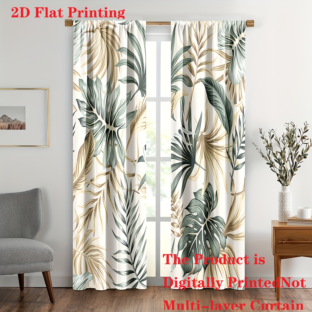 2pcs 2d Flat Printing Palm Leaf Window Curtains, Green Leaves Of Coconut Palms Watercolor Style Pattern, Curtain Valance For Kitchen Bedroom Decor With Rod Pocket