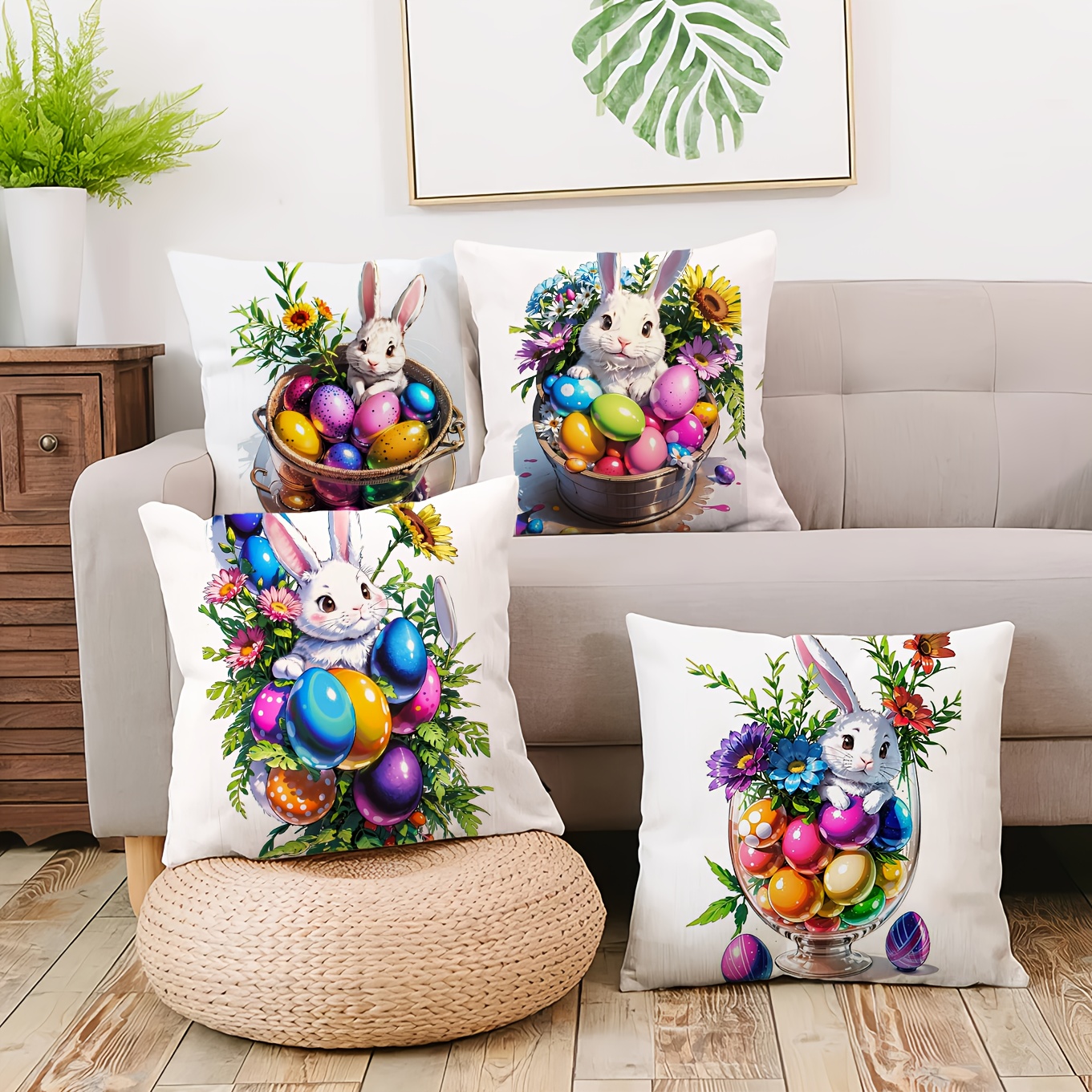 

4pcs Easter Bunny & Floral Egg Throw Pillow Covers, 18x18 Inch, Hypoallergenic Polyester, Zippered, Machine Washable - Ideal For Home Decor, No Inserts, Decorative Pillows