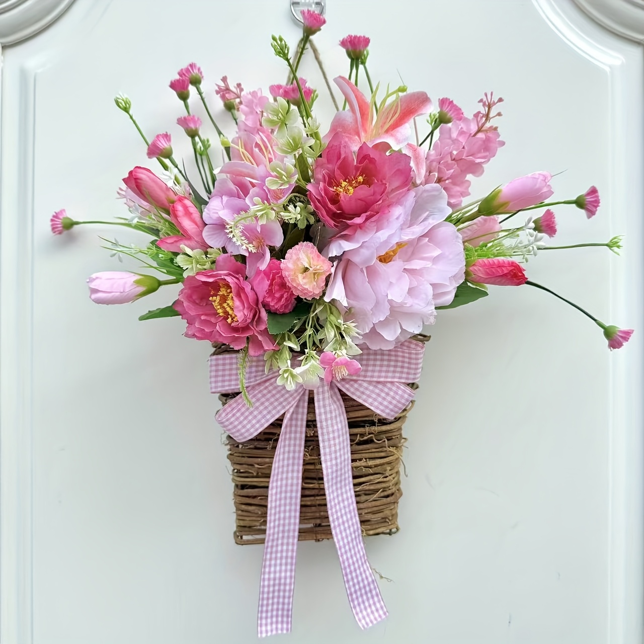 1pc Farmhouse Basket - Spring Floral Door Hanging Decoration, Plastic, Indoor/outdoor Use For Weddings, Parties, Holidays, Home Decor, Hanging Flower Basket