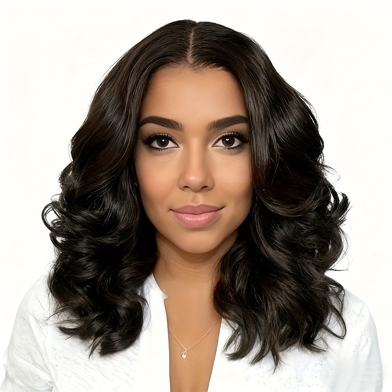 TEMU Women's Natural Black Center-parted Medium-length Wavy Hair, High Density, , Smooth And Soft, Suitable For Daily Wear, Parties, Photoshoots,
