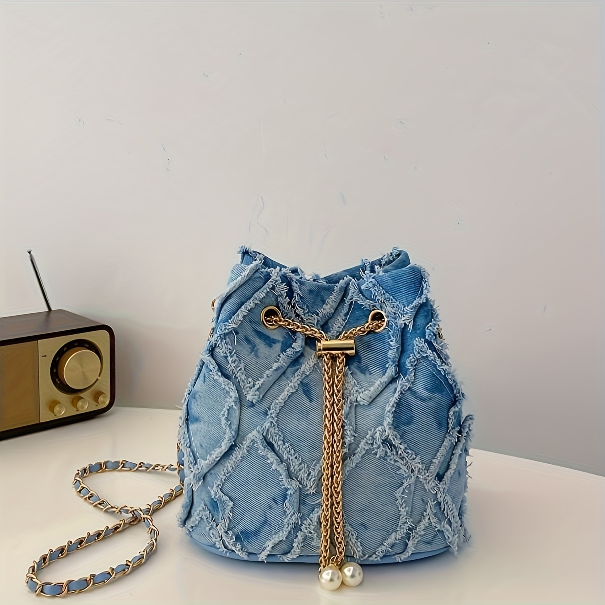 Image of Bucket Bag With Metal Chain, Pearl Accent, Large Capacity Crossbody Shoulder Bag, Solid Color Fabric, Drawstring Closure - Ideal For Shopping And Dates, , Pearl