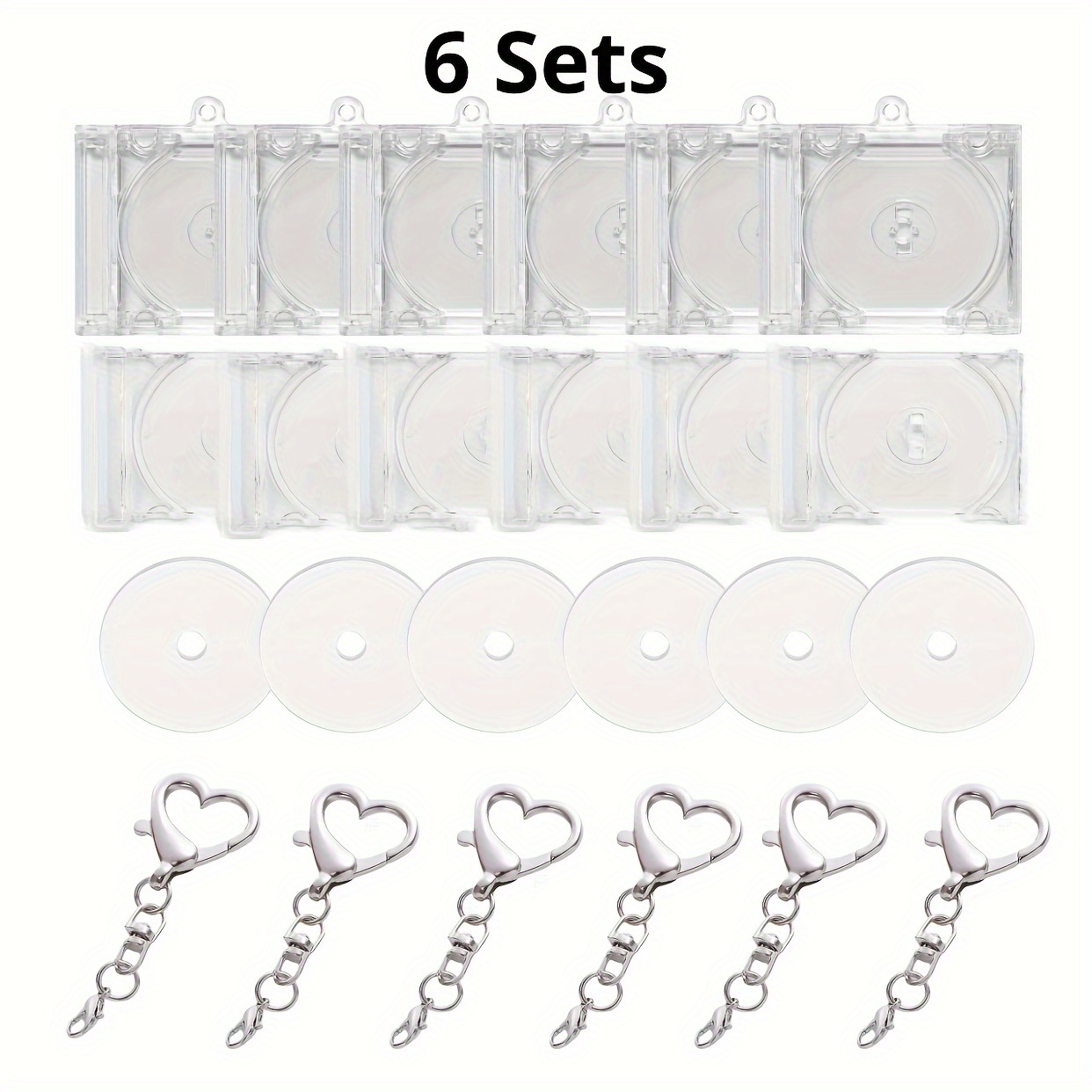 TEMU Blank Mini Cd Box Keychain Set - 6 Sets Nfc Music Album Holder, Acrylic Transparent With Heart Keychain, Diy Phone Pendant Decor, Creative Gifts