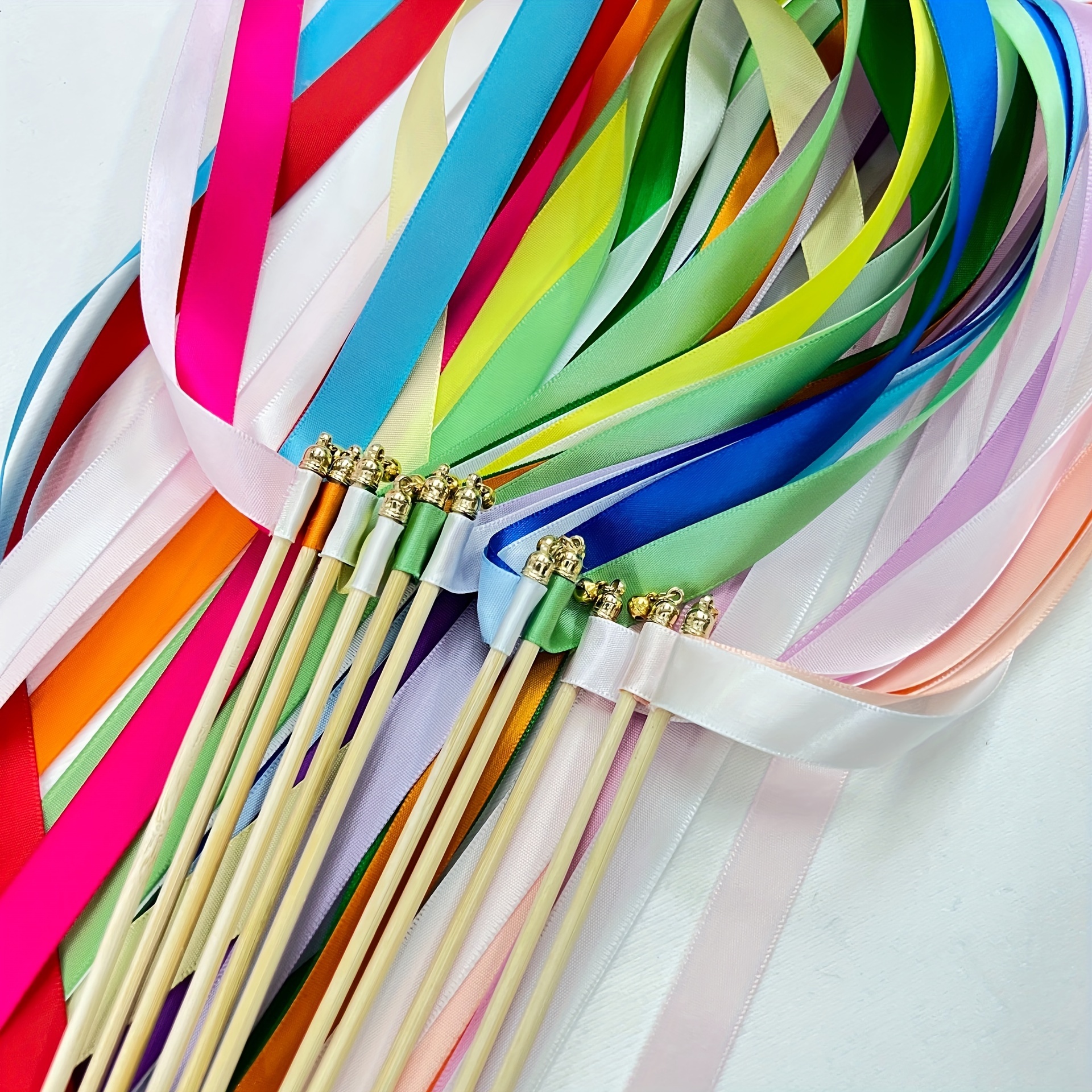 

10-pack Multicolor Polyester Ribbon Wands With Bells - Versatile Streamers For Weddings, Bridal Showers, Birthdays & Holiday Celebrations, 14+ Age Group, No Electricity Needed