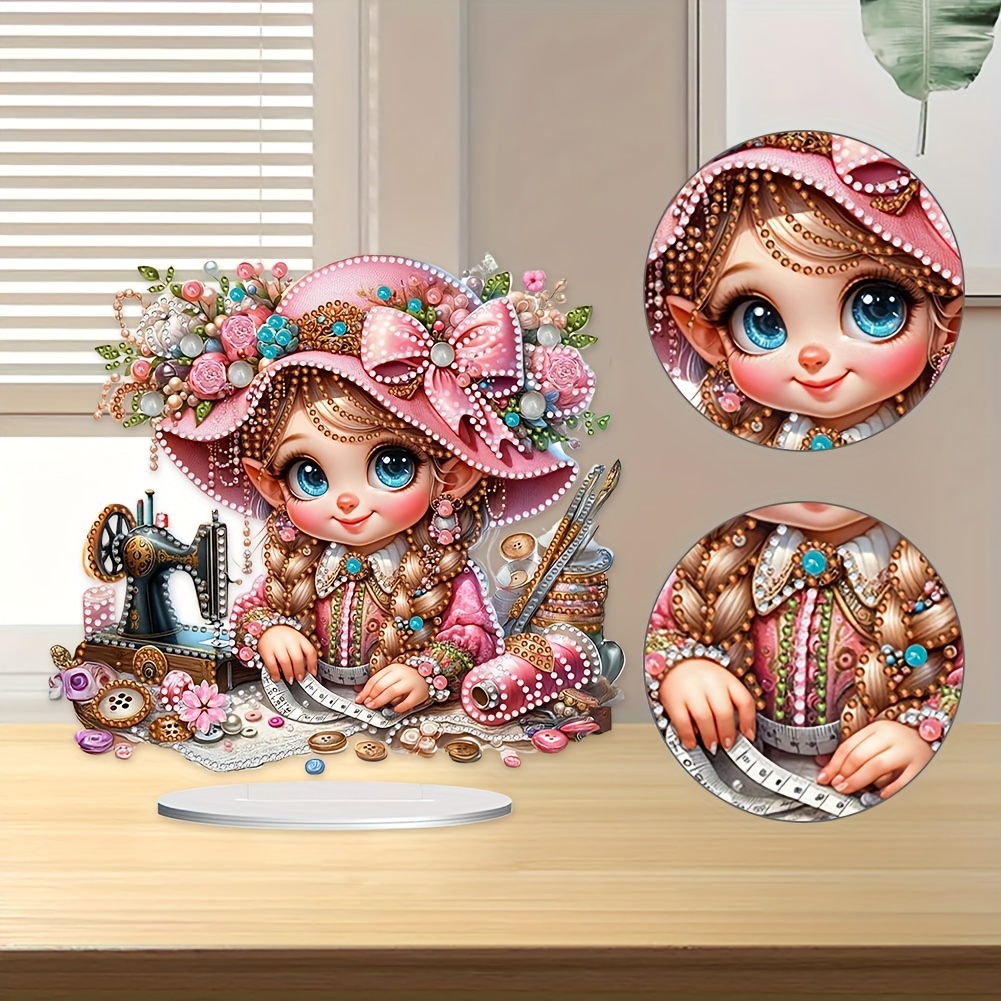 

Sewing Diamond Art Figurine - Double-sided, Acrylic With Unique Shaped Gems, Cartoon Theme Craft Supply