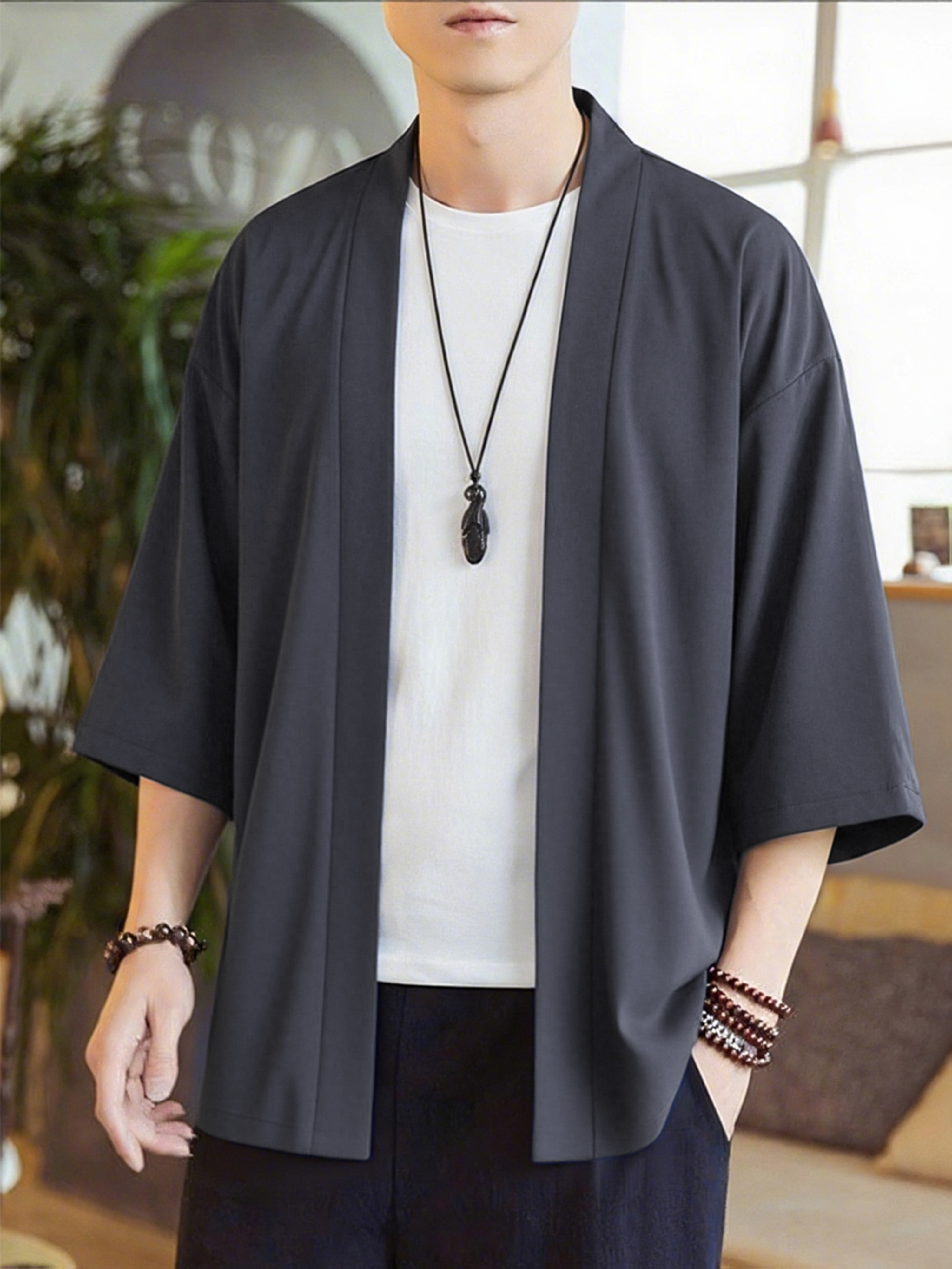 mens kimono style casual open front shirt loose fit solid color versatile single layer casual aesthetics flowy fabric chinese sizing please check size guide   chinese size please check the size guide  