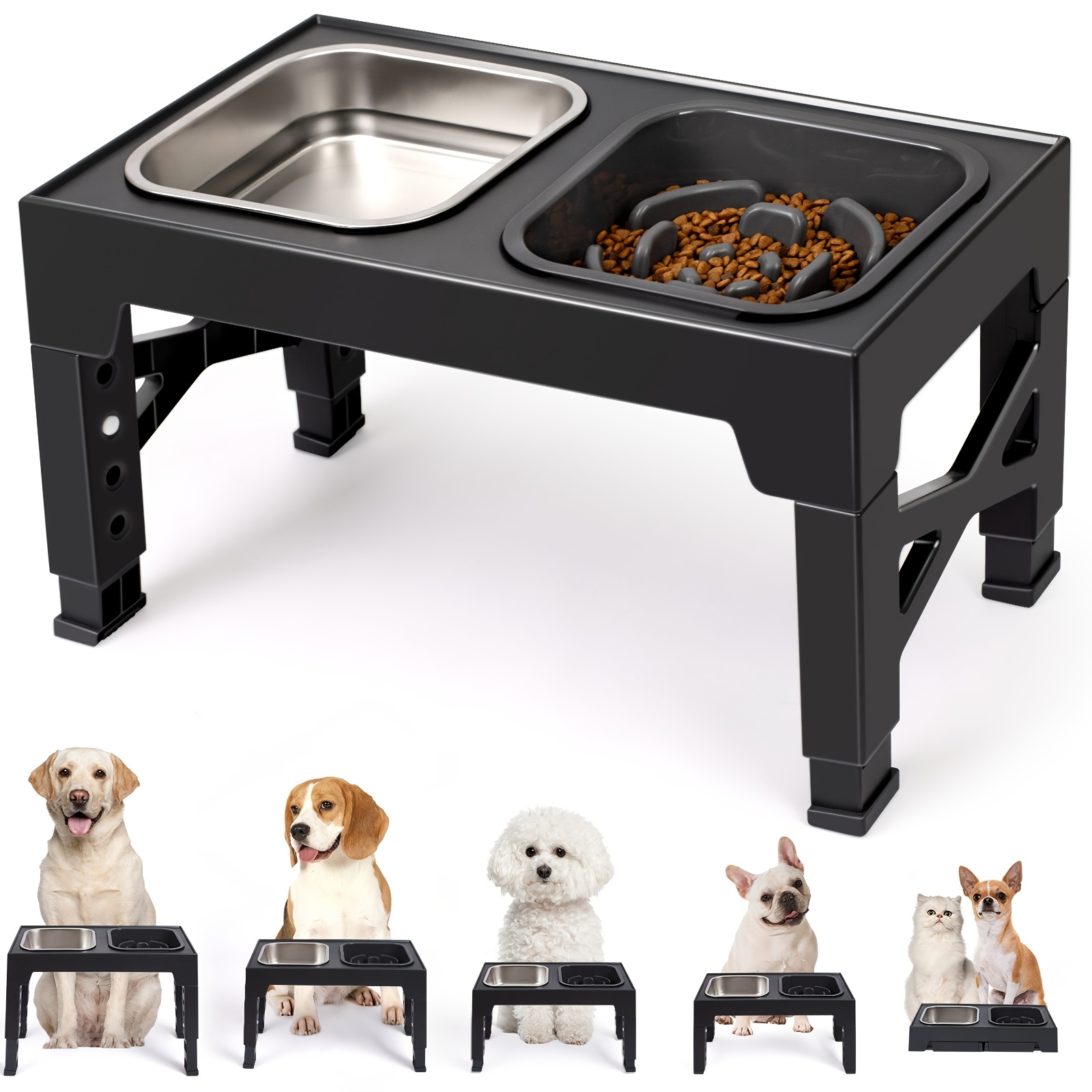 

Elevated Dog Bowls, With Slow Feeder Bowl And Stainless , Raised Dog Bowls Adjust To 5 (3.15", 8.66", 9.84", 11.02", 12.2") For Small Medium And Large Dogs