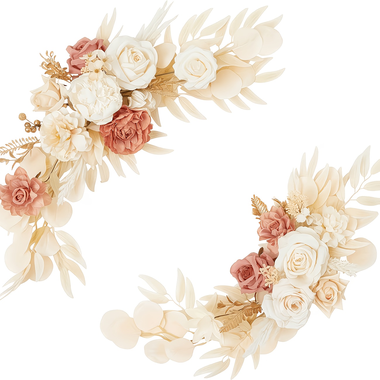 Image of 2pcs Elegant Beige Artificial Wedding Arch Decor Set - Multifunctional Plastic Flowers With Greenery, Ivory Floral Arrangement For /centerpiece Table Decoration, Wall Garden Décor
