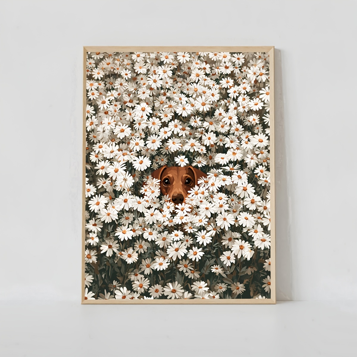 TEMU 2d Flat, 1pc Frameless Hidden Dachshund Daisy Field Poster, Whimsical Dog Flowers Canvas Painting, Art, Birthday Present, Living Room, Bedroom,