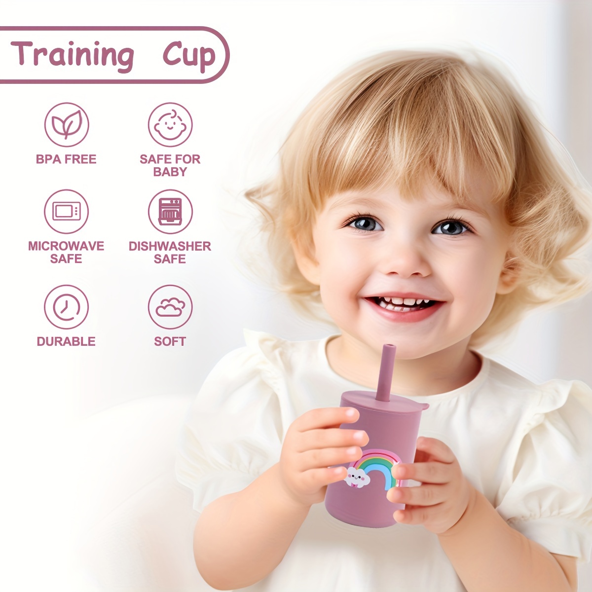 tyry hu customizable silicone baby training cups with straw lid handle bpa free break resistant reusable sippy cup set machine washable with ideal for 0 3 years old for milk coffee   gift for christmas halloween details 1